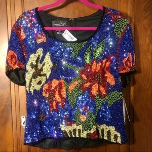 NWT Laurence Kazar sequin colorful shortsleeve top